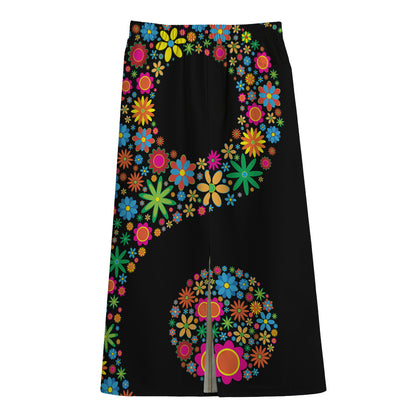 Colorful Flowers Yin Yang Print Cotton Front Slit Maxi Skirt