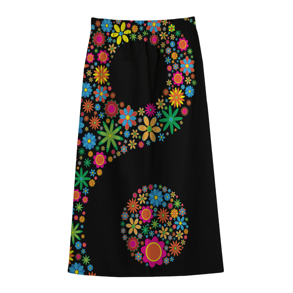 Colorful Flowers Yin Yang Print Cotton Front Slit Maxi Skirt
