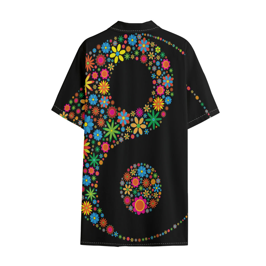 Colorful Flowers Yin Yang Print Cotton Hawaiian Shirt