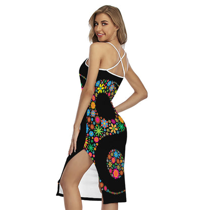 Colorful Flowers Yin Yang Print Cross Back Cami Dress
