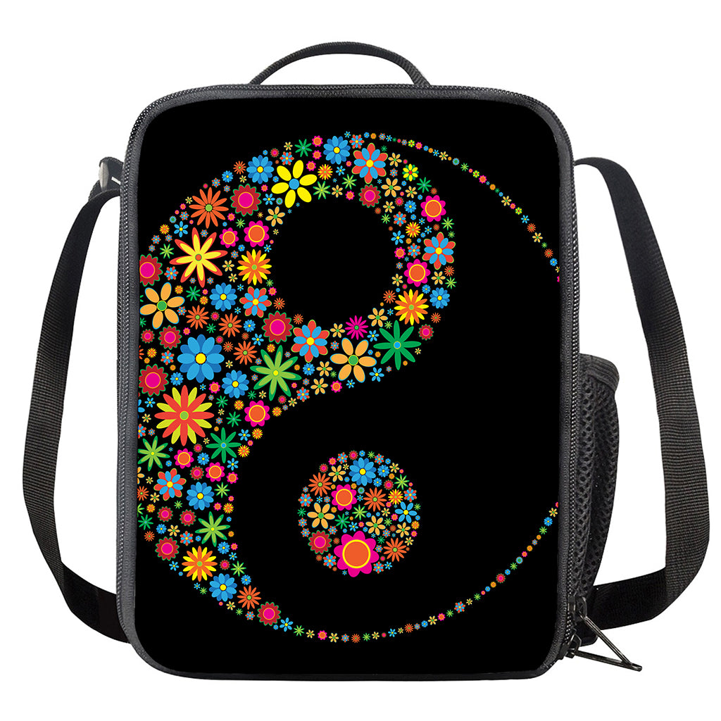 Colorful Flowers Yin Yang Print Crossbody Lunch Bag