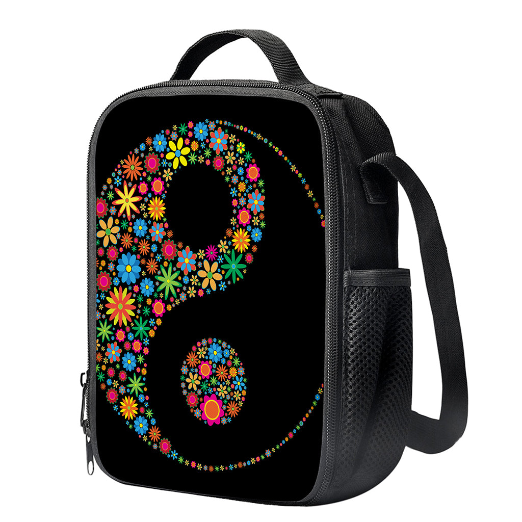 Colorful Flowers Yin Yang Print Crossbody Lunch Bag