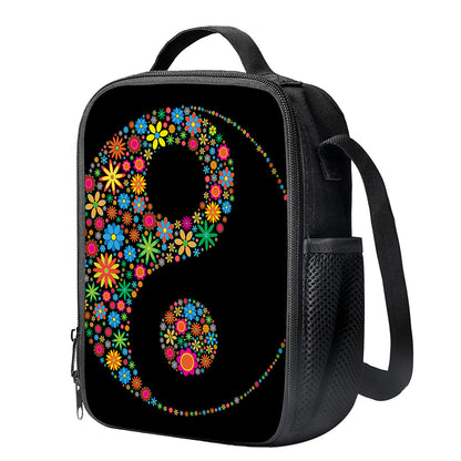 Colorful Flowers Yin Yang Print Crossbody Lunch Bag