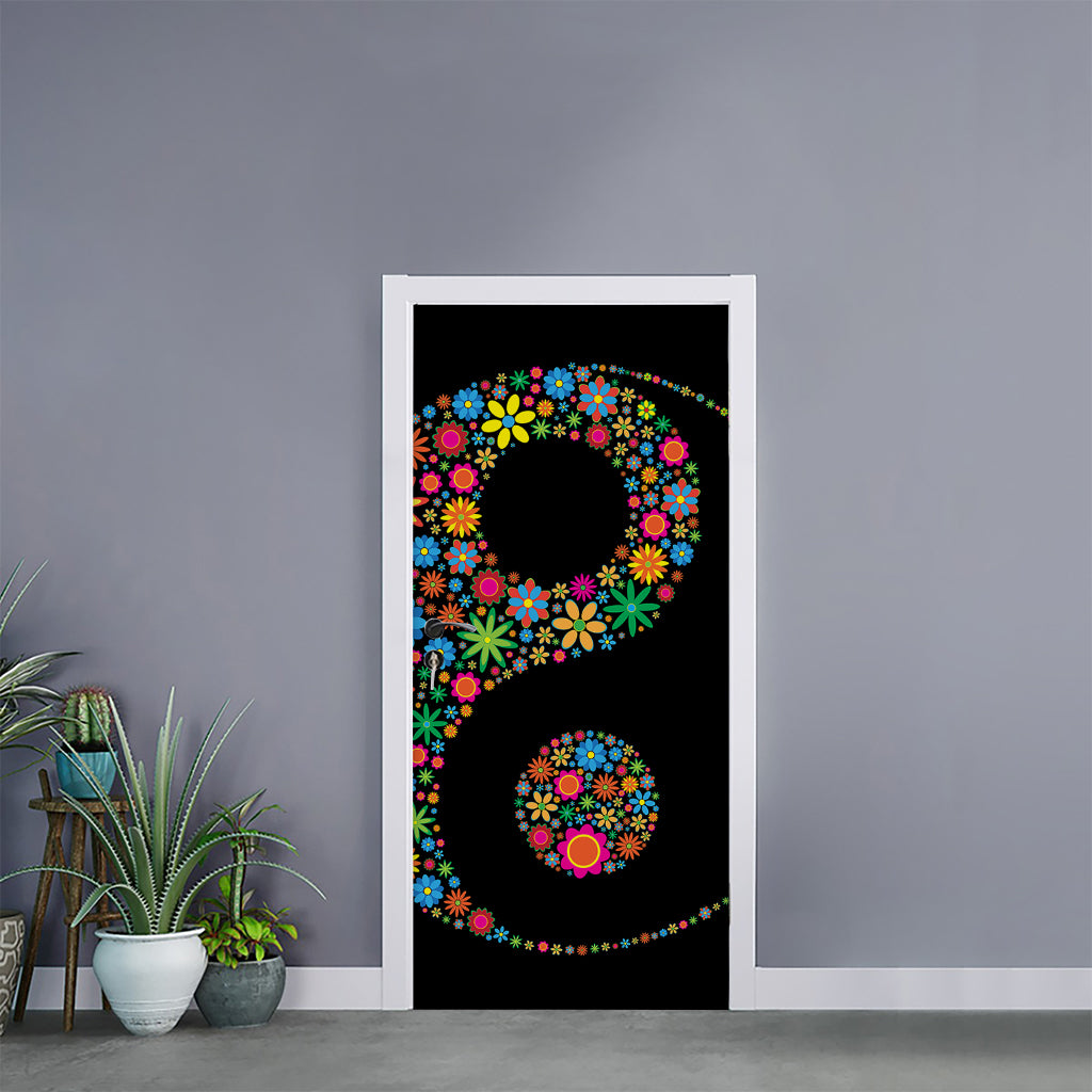 Colorful Flowers Yin Yang Print Door Sticker