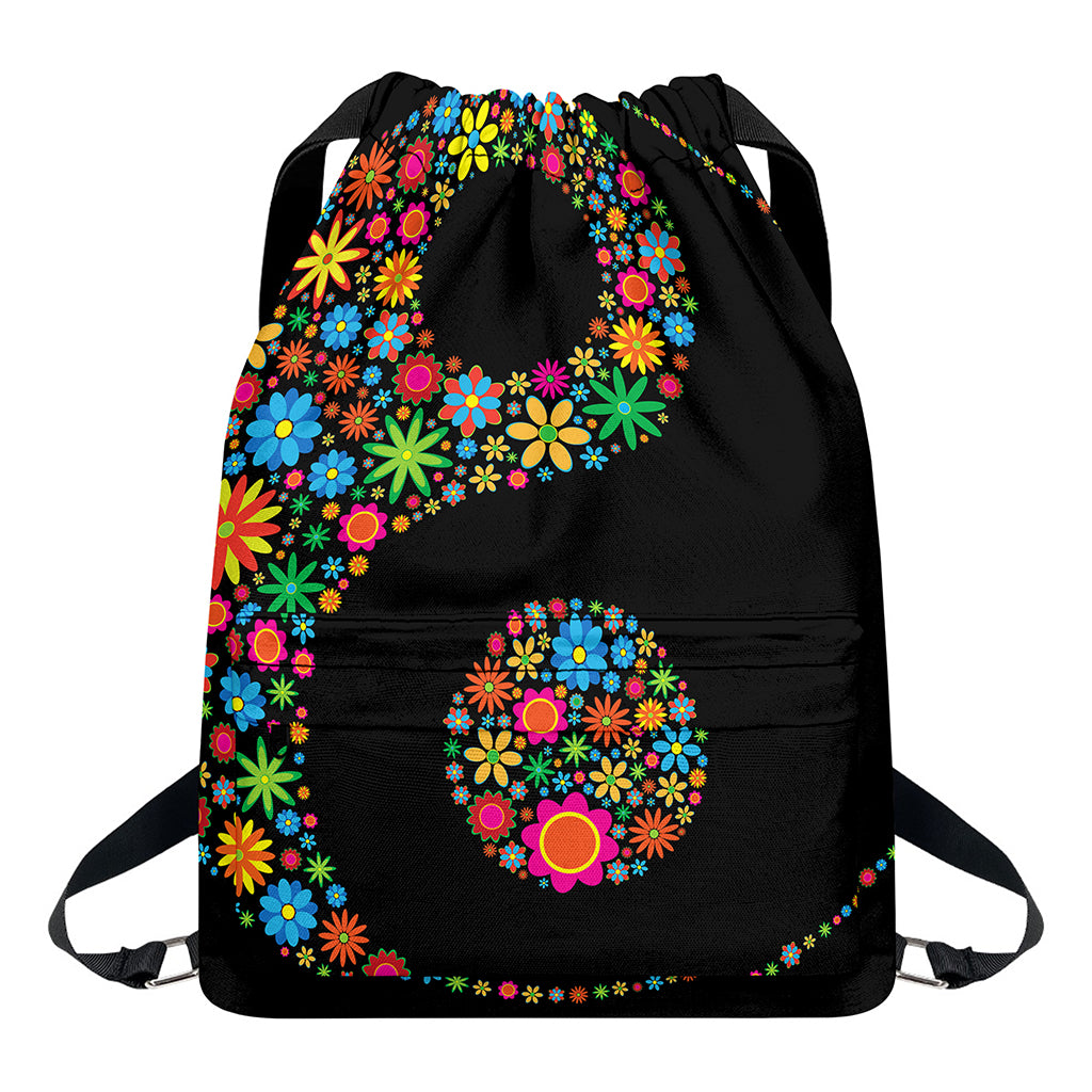 Colorful Flowers Yin Yang Print Drawstring Backpack