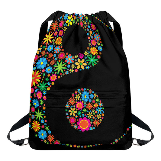 Colorful Flowers Yin Yang Print Drawstring Backpack