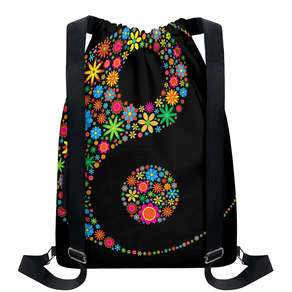 Colorful Flowers Yin Yang Print Drawstring Backpack