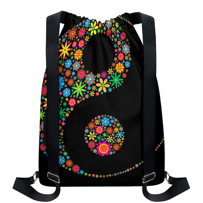 Colorful Flowers Yin Yang Print Drawstring Backpack