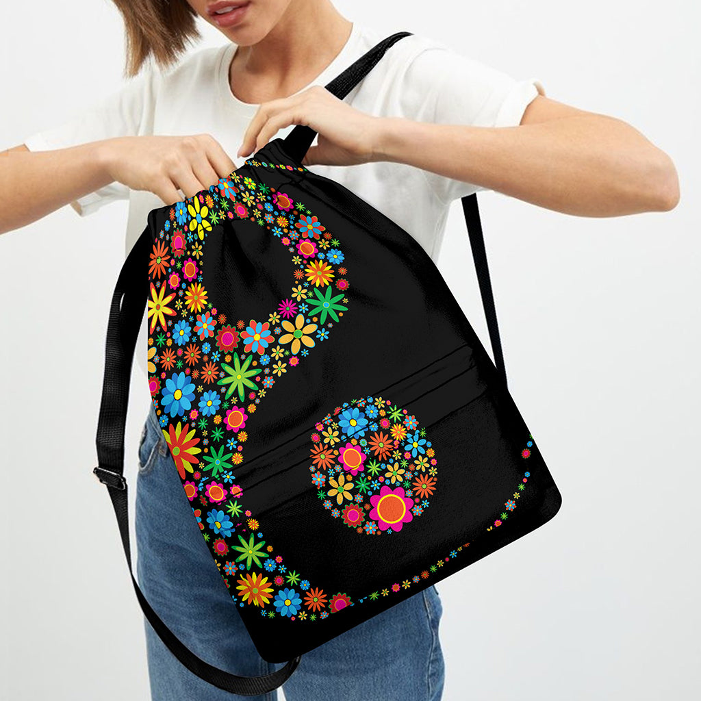 Colorful Flowers Yin Yang Print Drawstring Backpack