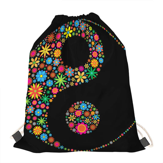 Colorful Flowers Yin Yang Print Drawstring Bag