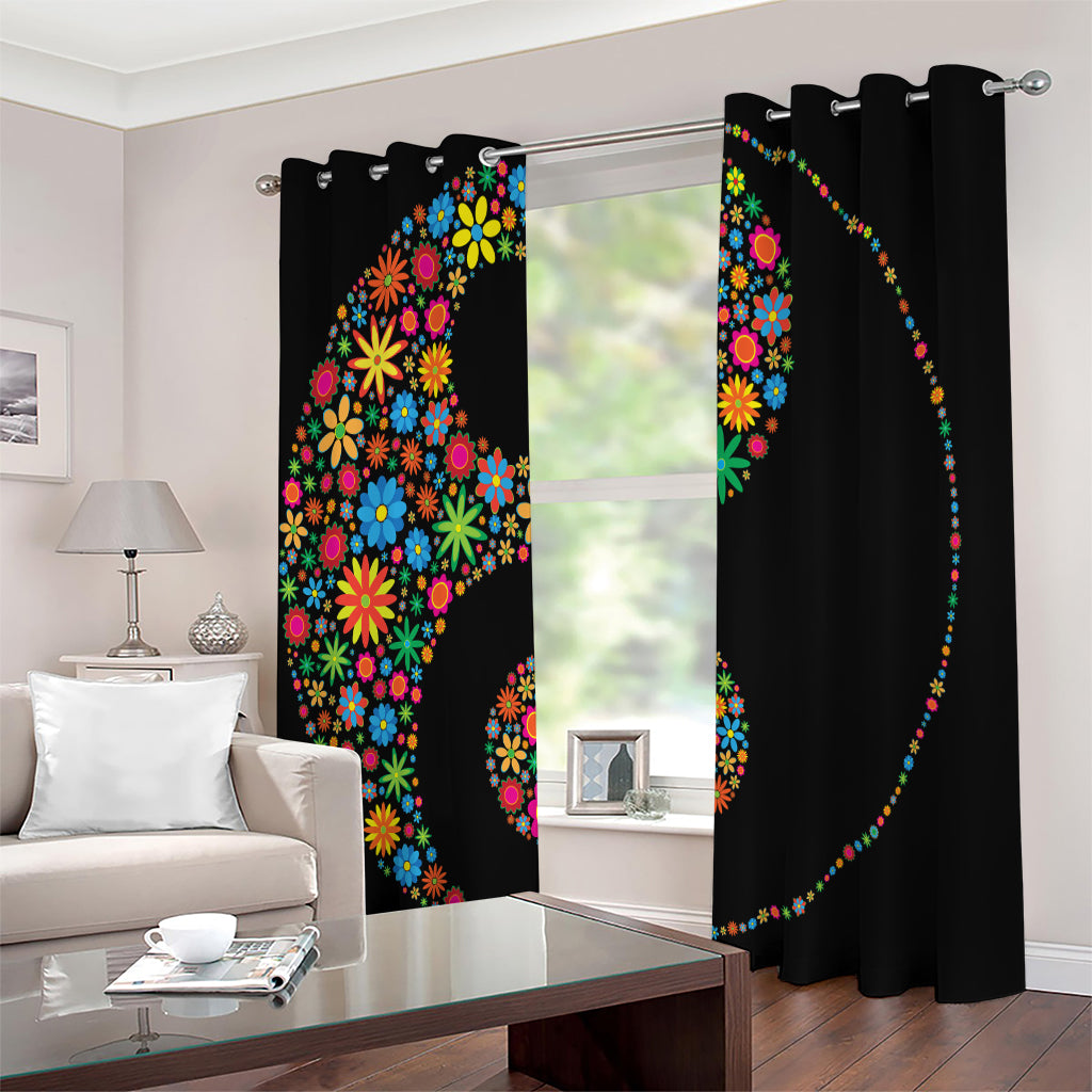 Colorful Flowers Yin Yang Print Extra Wide Grommet Curtains