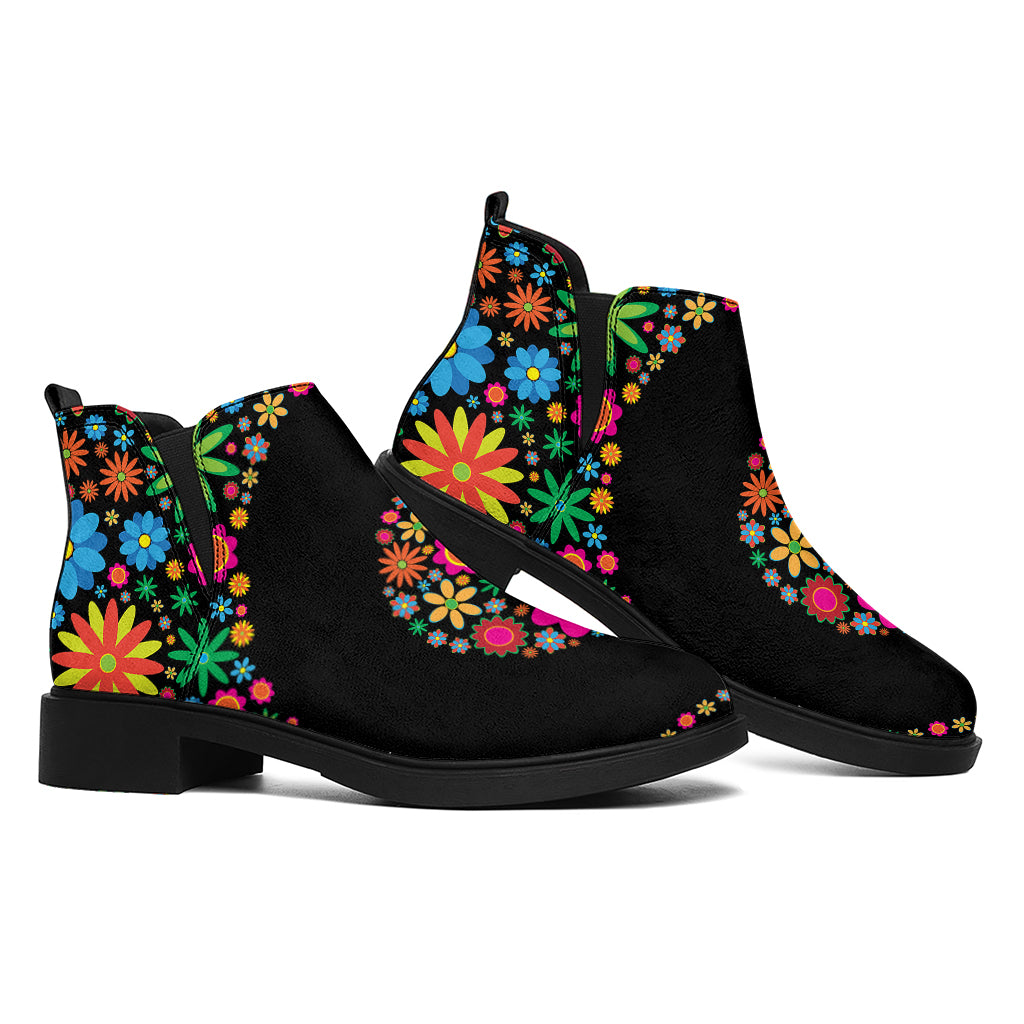 Colorful Flowers Yin Yang Print Flat Ankle Boots
