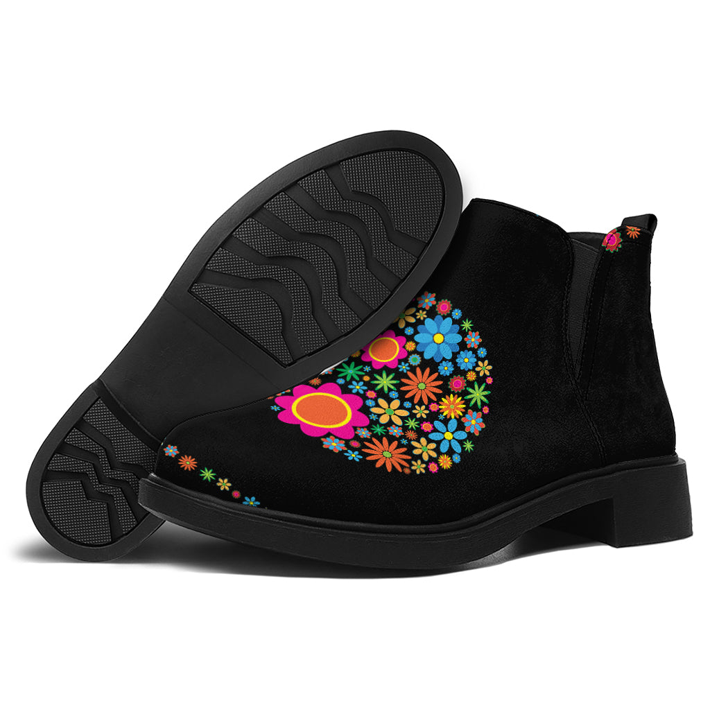 Colorful Flowers Yin Yang Print Flat Ankle Boots