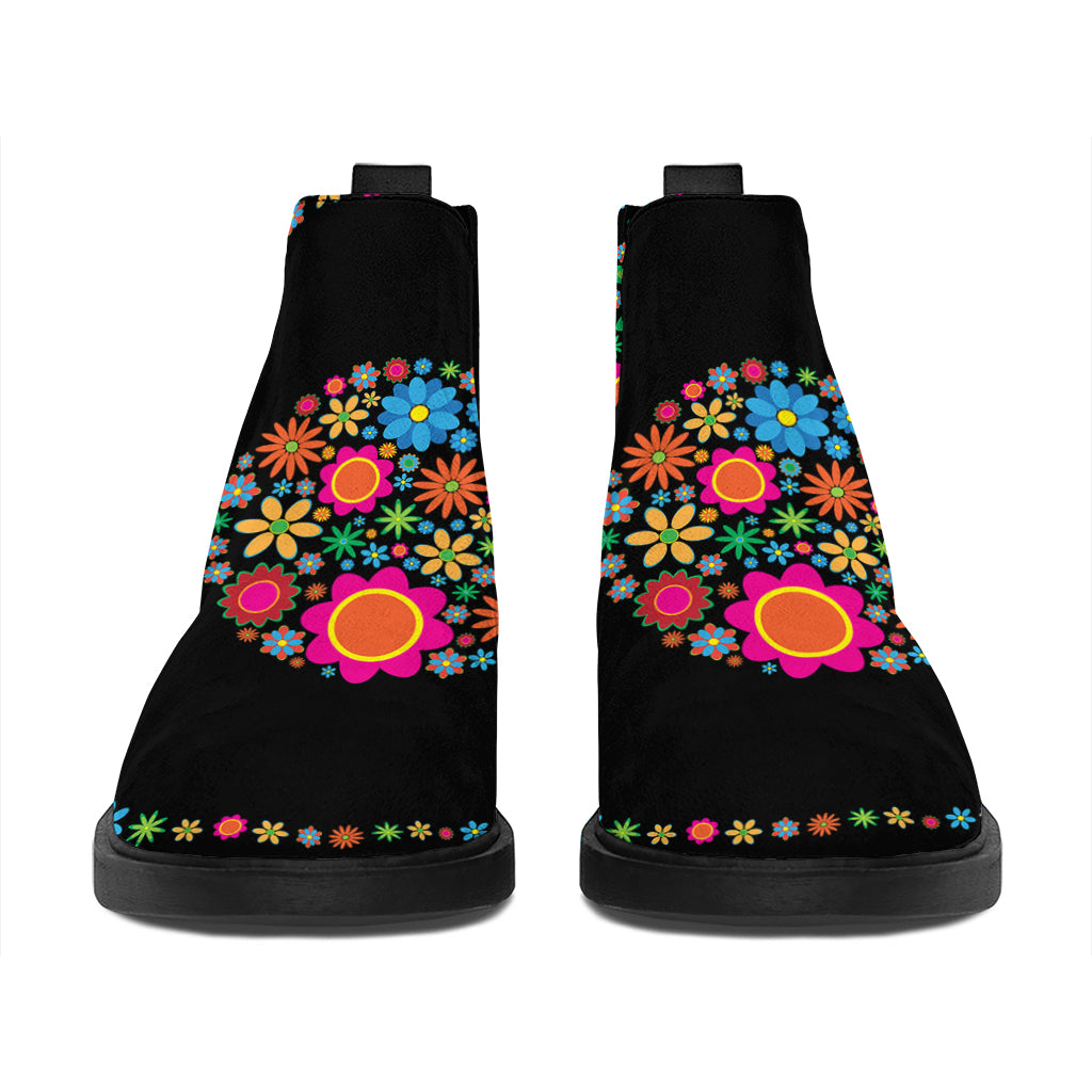 Colorful Flowers Yin Yang Print Flat Ankle Boots