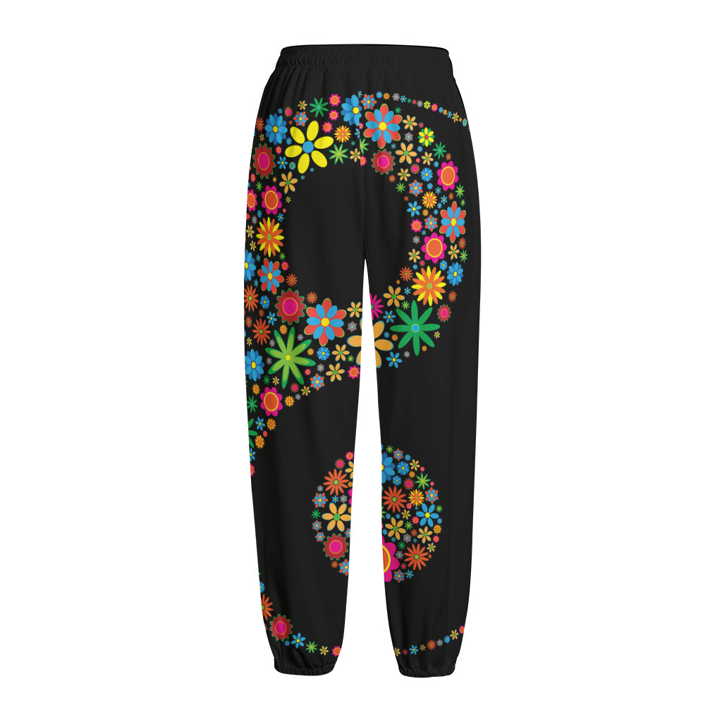 Colorful Flowers Yin Yang Print Fleece Lined Knit Pants