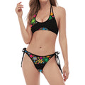 Colorful Flowers Yin Yang Print Halter Scoop Tie Side Bikini