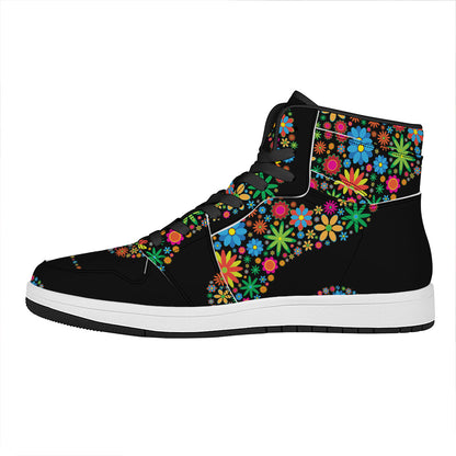 Colorful Flowers Yin Yang Print High Top Leather Sneakers