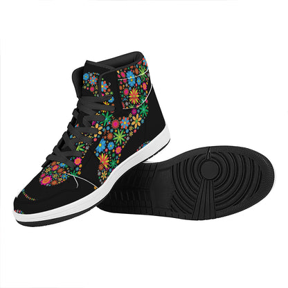 Colorful Flowers Yin Yang Print High Top Leather Sneakers