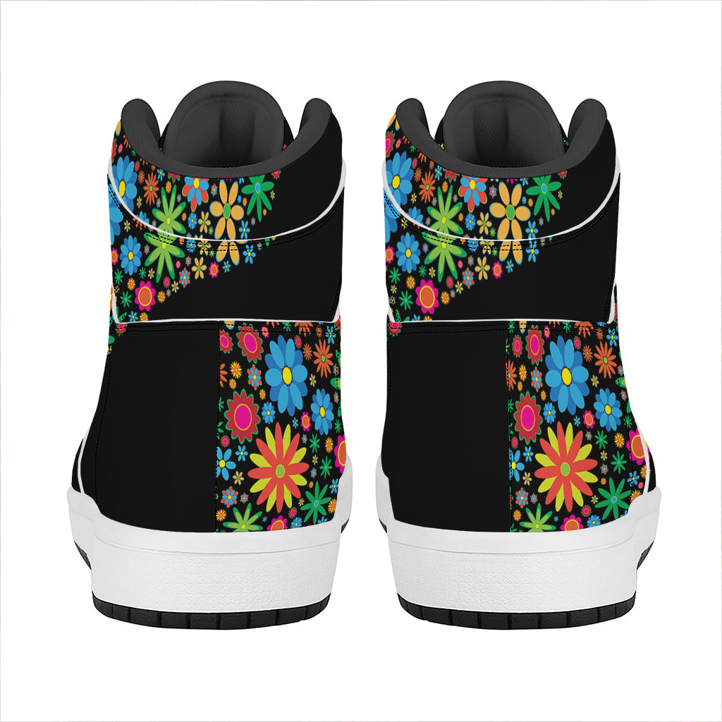 Colorful Flowers Yin Yang Print High Top Leather Sneakers