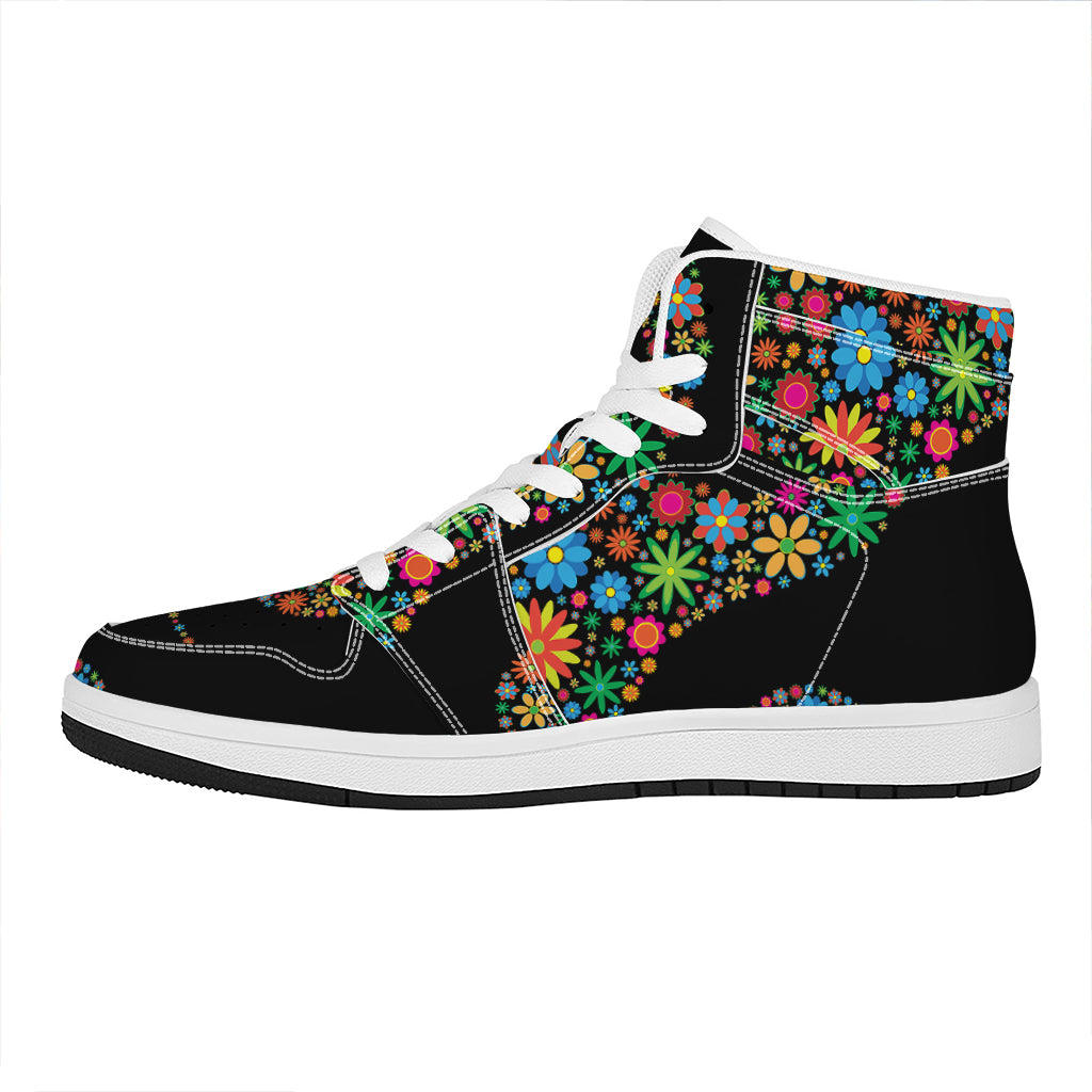Colorful Flowers Yin Yang Print High Top Leather Sneakers