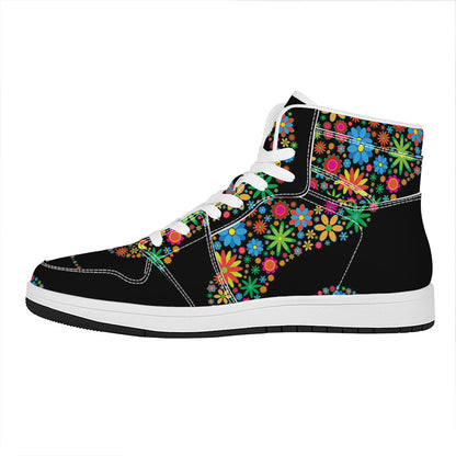 Colorful Flowers Yin Yang Print High Top Leather Sneakers