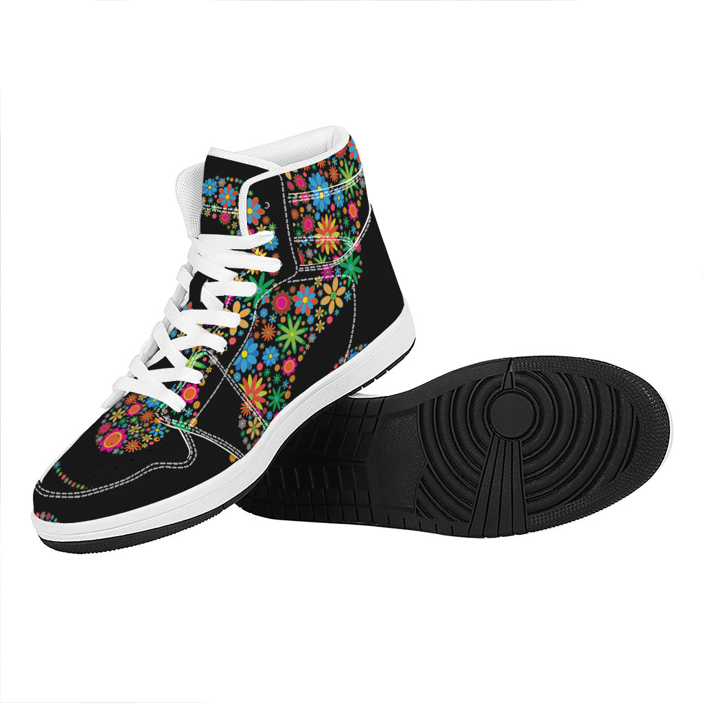 Colorful Flowers Yin Yang Print High Top Leather Sneakers