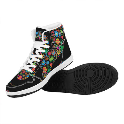 Colorful Flowers Yin Yang Print High Top Leather Sneakers