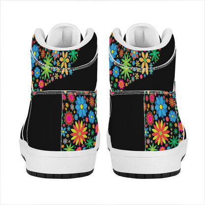 Colorful Flowers Yin Yang Print High Top Leather Sneakers