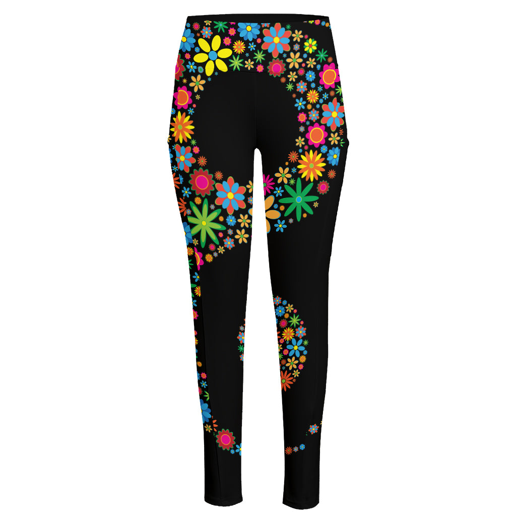Colorful Flowers Yin Yang Print High-Waisted Pocket Leggings