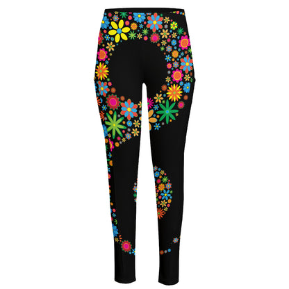 Colorful Flowers Yin Yang Print High-Waisted Pocket Leggings