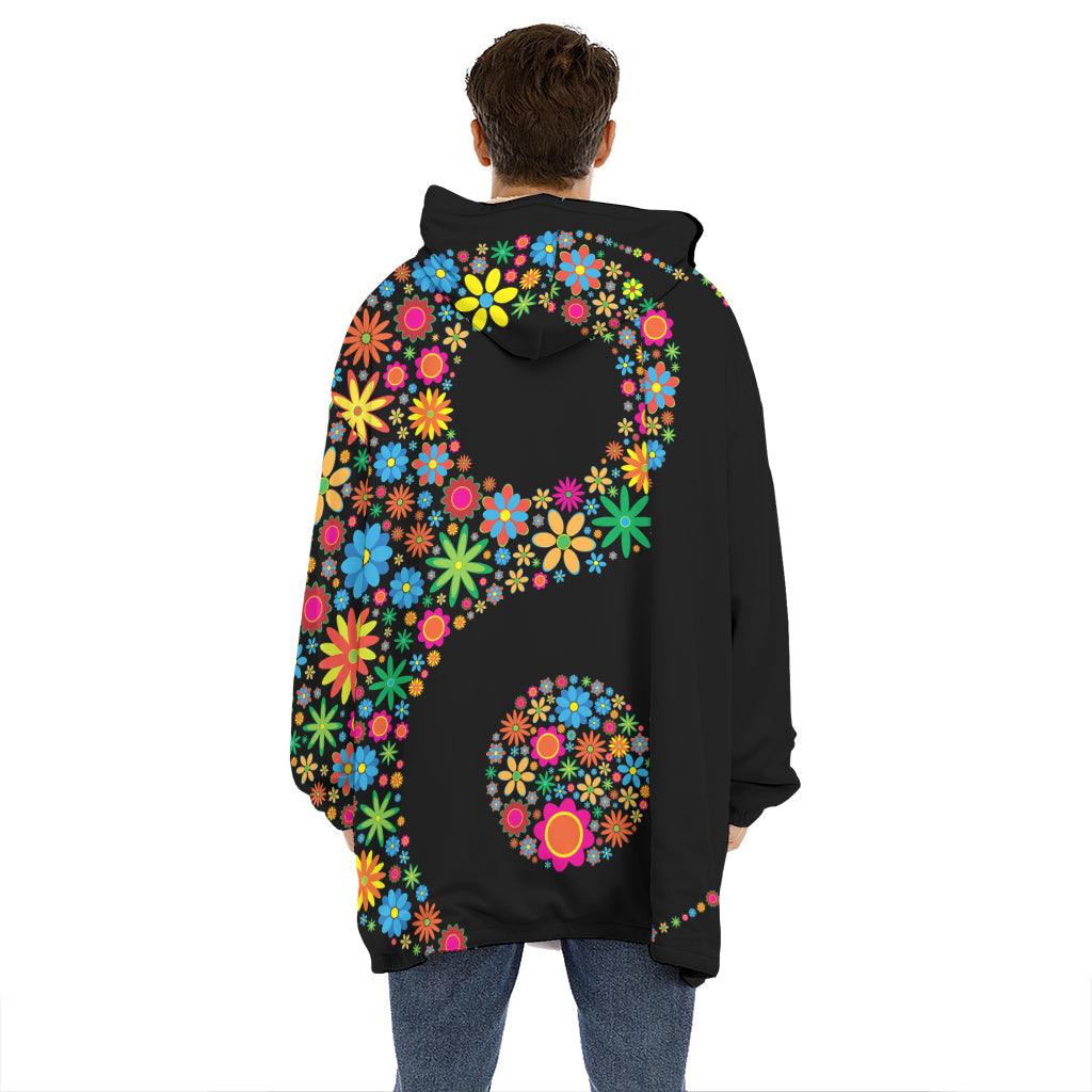 Colorful Flowers Yin Yang Print Hoodie Blanket