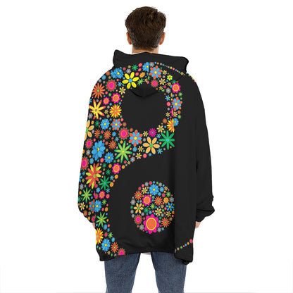 Colorful Flowers Yin Yang Print Hoodie Blanket