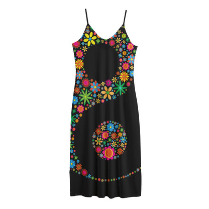 Colorful Flowers Yin Yang Print Jersey Midi Cami Dress
