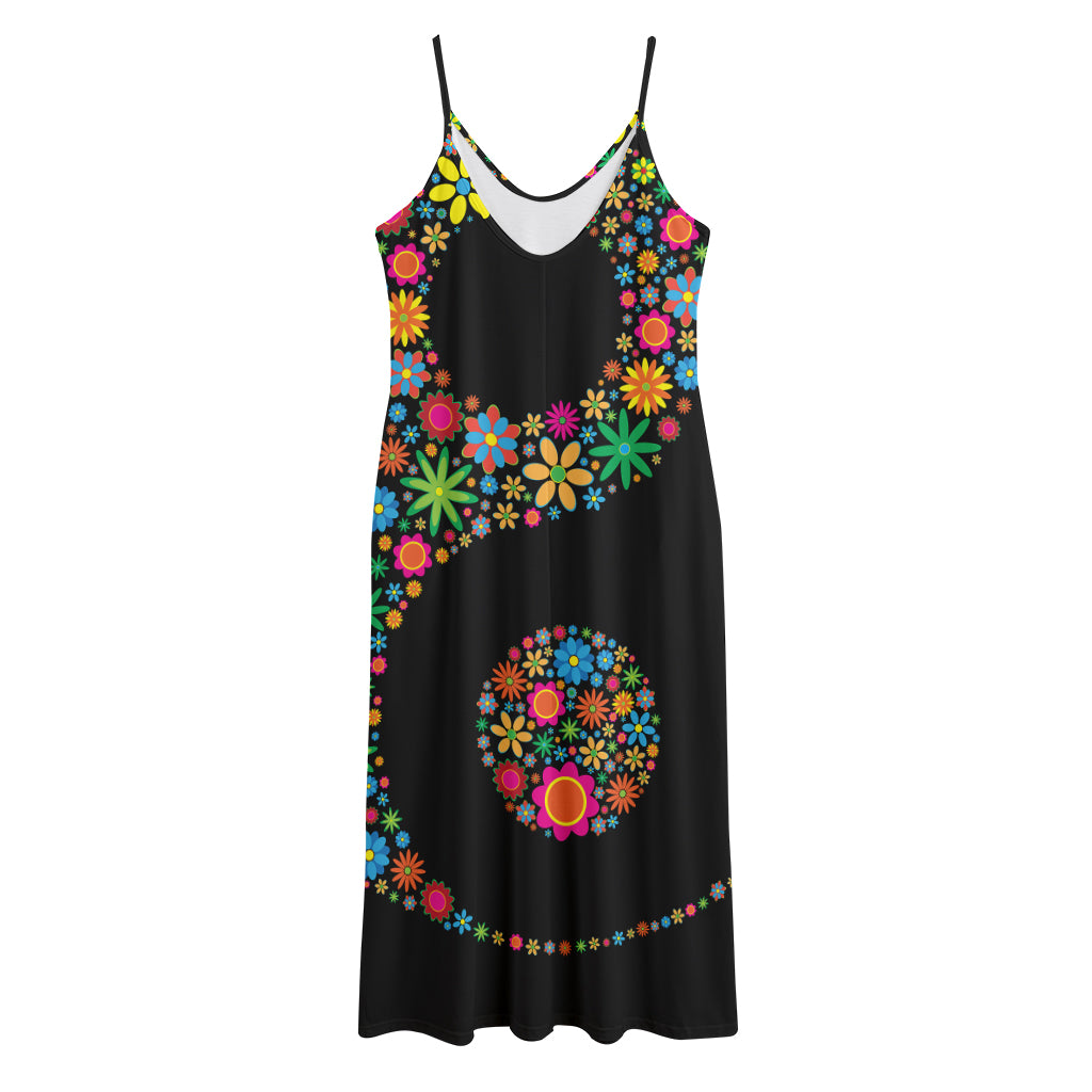 Colorful Flowers Yin Yang Print Jersey Midi Cami Dress