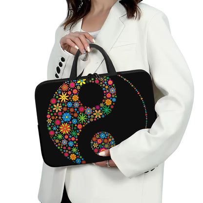 Colorful Flowers Yin Yang Print Laptop Sleeve With Handle