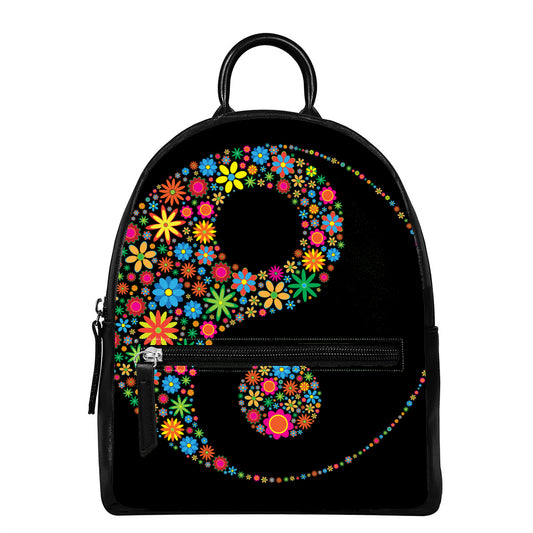 Colorful Flowers Yin Yang Print Leather Backpack