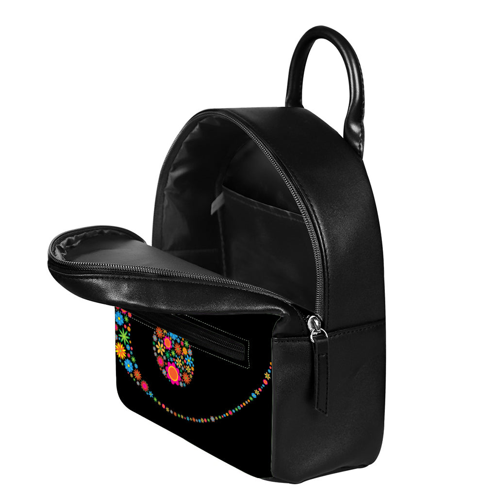 Colorful Flowers Yin Yang Print Leather Backpack