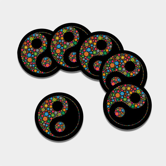 Colorful Flowers Yin Yang Print Leather Coaster Set