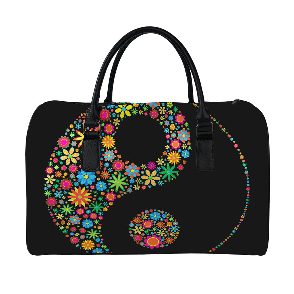 Colorful Flowers Yin Yang Print Leather Duffle Bag