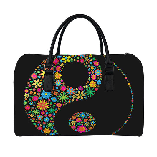 Colorful Flowers Yin Yang Print Leather Duffle Bag