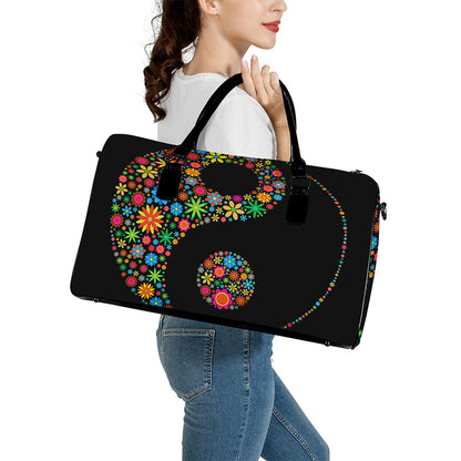 Colorful Flowers Yin Yang Print Leather Duffle Bag