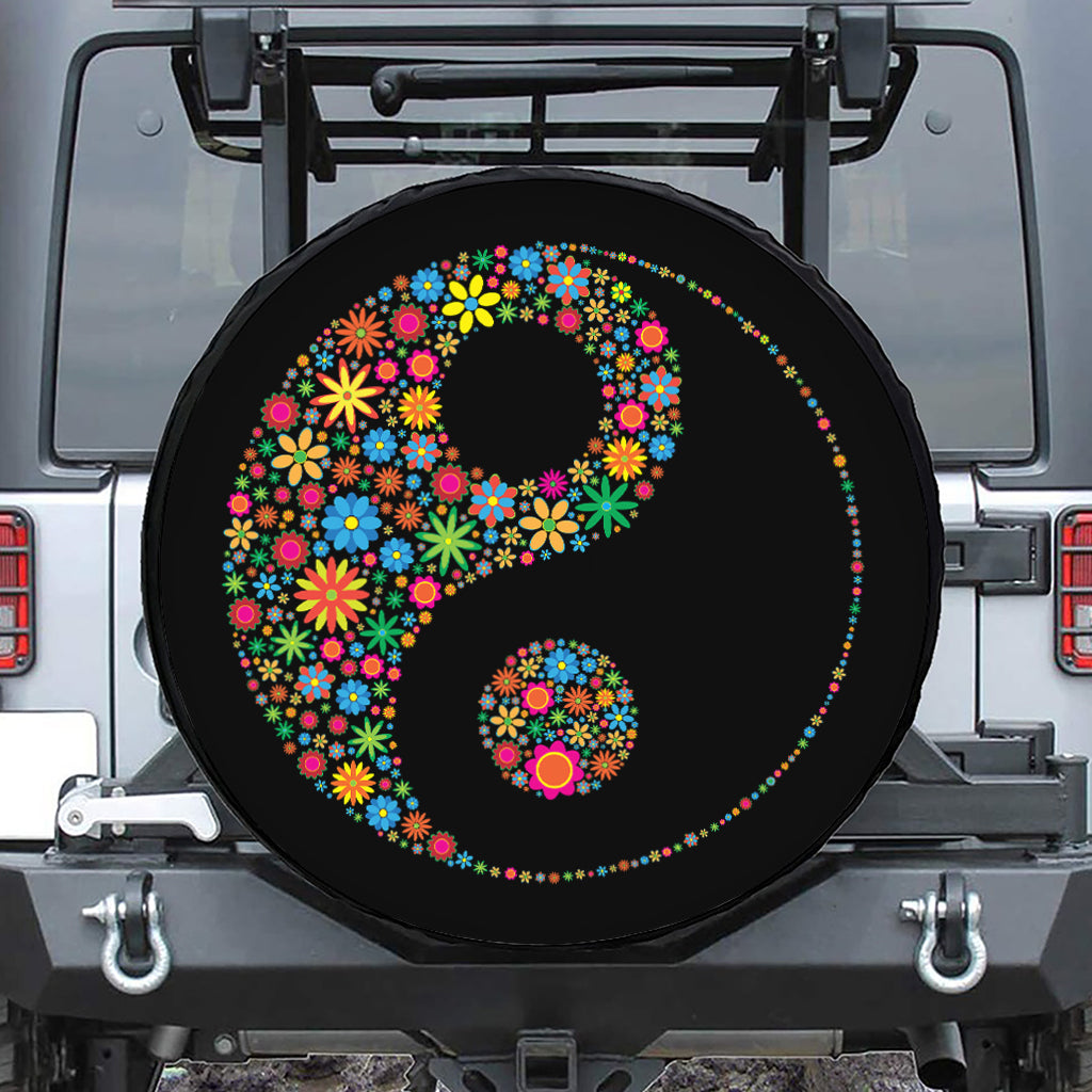 Colorful Flowers Yin Yang Print Leather Spare Tire Cover