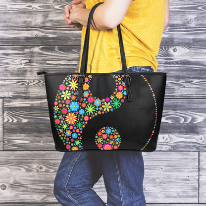Colorful Flowers Yin Yang Print Leather Tote Bag
