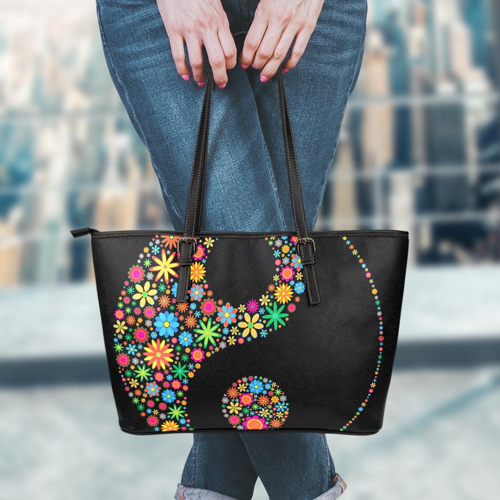 Colorful Flowers Yin Yang Print Leather Tote Bag