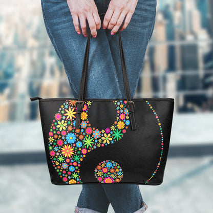 Colorful Flowers Yin Yang Print Leather Tote Bag