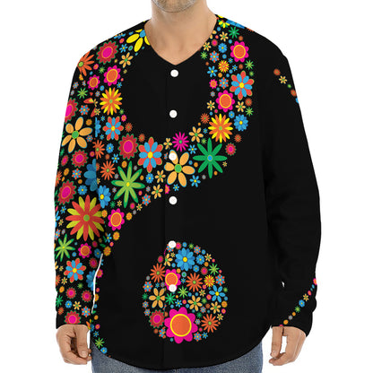 Colorful Flowers Yin Yang Print Long Sleeve Baseball Jersey