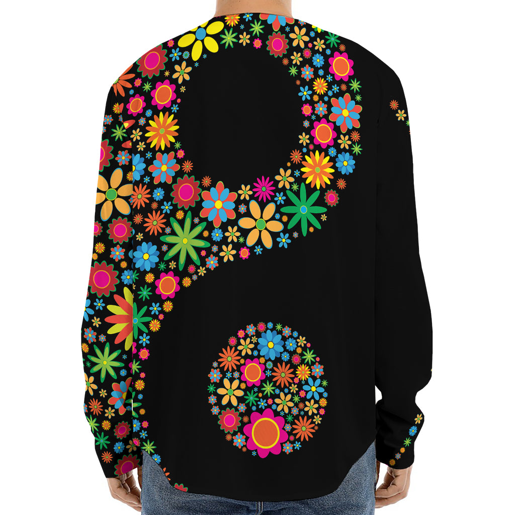 Colorful Flowers Yin Yang Print Long Sleeve Baseball Jersey