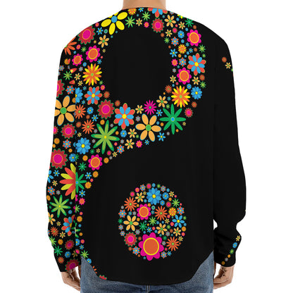 Colorful Flowers Yin Yang Print Long Sleeve Baseball Jersey