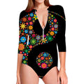 Colorful Flowers Yin Yang Print Long Sleeve Swimsuit