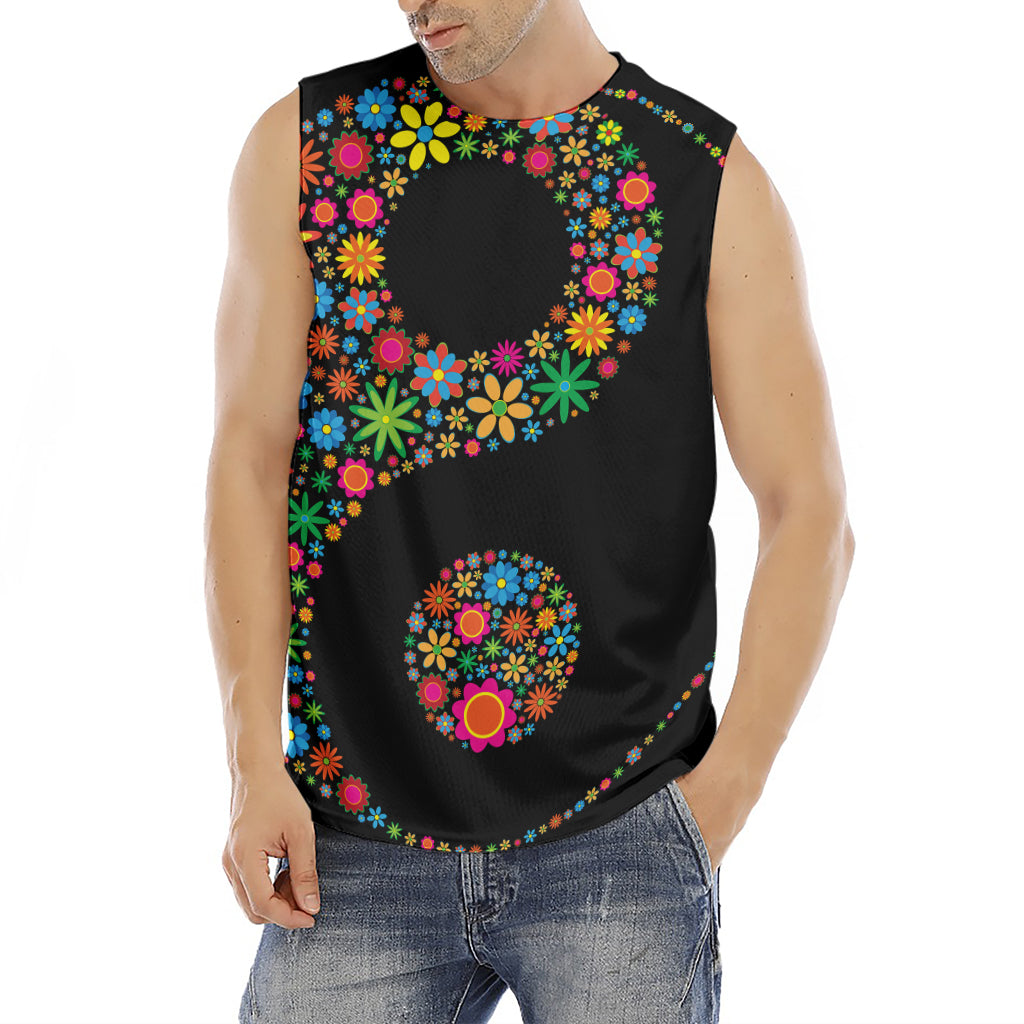 Colorful Flowers Yin Yang Print Men's Fitness Tank Top